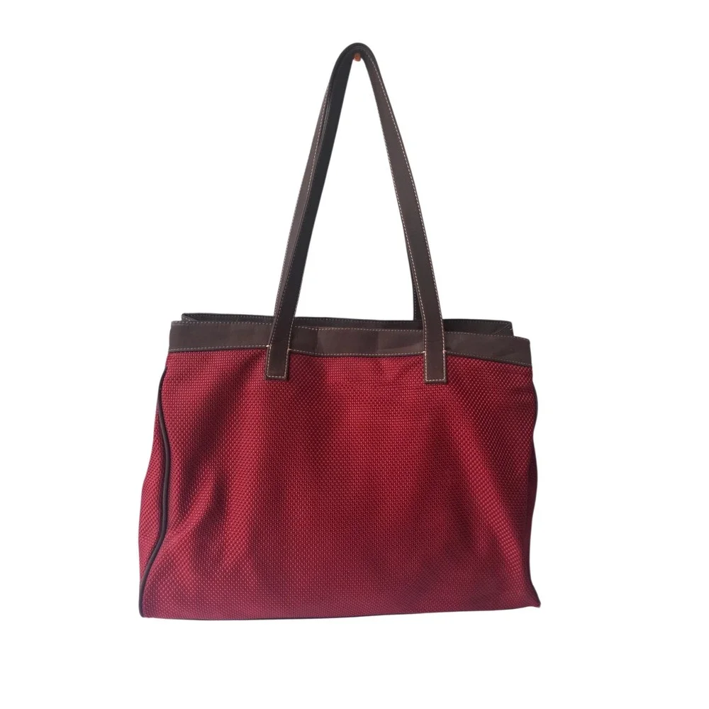The Sak Red Woven Tote Bag Brown Faux Leather Trim Large‎ Shoulder Bag Pocket